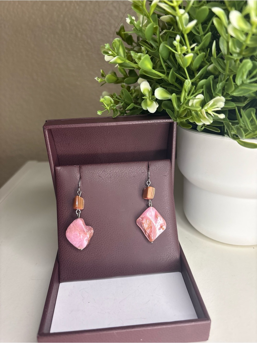 Handmade Pink Shell & Brown Beaded Dangle Earrings Boho Coastal Beach Jewelry